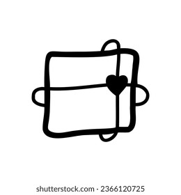 Vector single gift box clipart in doodle style. Black and white vector illustration.