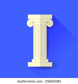 Vector Single Greek Column Isolated on Blue Background. Long Shadow