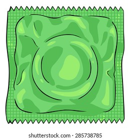 Vector Single Green Cartoon Condom in Green Package
