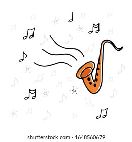 Vector single hand drawn illustration with doodle saxophone and notes around it. 