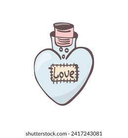 Vector single heart shaped flask clipart. Love Potion Icon doodle. Love drink. Stock isolated image on a white background in doodle style. Illustration for greeting card, pattern design, print