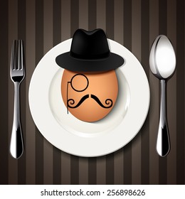 Vector Single Hipster Egg on a White Plate with Spoon and Fork on Brown Background