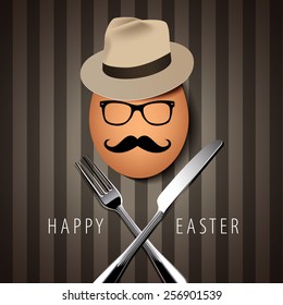 Vector Single Hipster Egg on with Knife and Fork on Brown Background