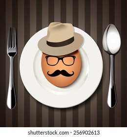 Vector Single Hipster Egg on a White Plate with Spoon and Fork on Brown Background
