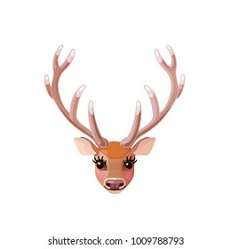 vector single horned Red deer. Cartoon animal clip art. Woodland wildlife. Mascot character. Nursery wall baby decor. Nature design element. Wild handdrawn creature isolated on white background. 44
