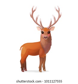 vector single horned Red deer. Cartoon animal clip art. Woodland wildlife. 