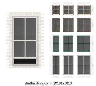 Vector single hung centre bar typical window set in different sizes and colors svg
