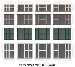 Vector single hung centre bar composite window set in different sizes and colors svg