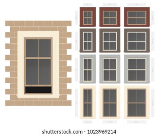 Vector single hung centre bar composite window set in different sizes and colors svg