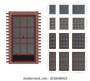 Vector single hung colonial style typical window set in different sizes and colors svg