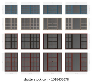 Vector single hung colonial style composite window set in different sizes and colors svg