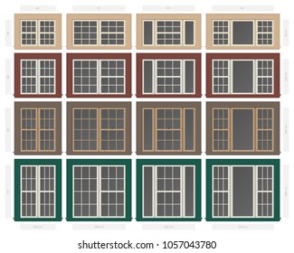Vector single hung colonial style composite window set in different sizes and colors svg