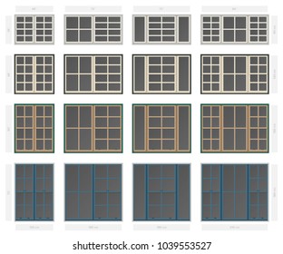 Vector single hung four section composite window set in different sizes and colors svg
