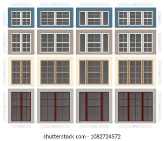 Vector single hung four section composite window set in different sizes and colors svg