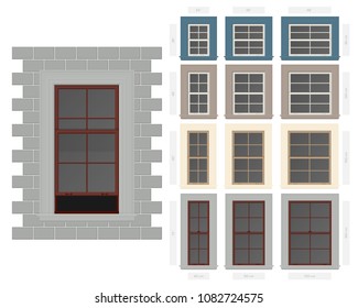 Vector single hung four section typical window set in different sizes and colors svg