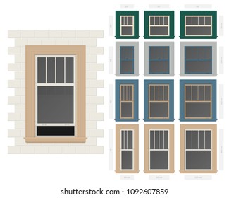 Vector single hung four vertical section typical window set in different sizes and colors svg