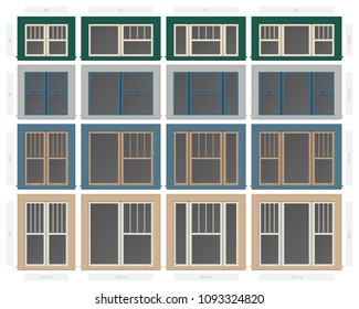 Vector single hung four vertical section composite window set in different sizes and colors svg