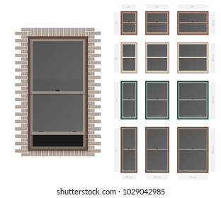Vector single hung non bar typical window set in different sizes and colors svg