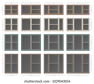 Vector single hung non bar composite window set in different sizes and colors svg