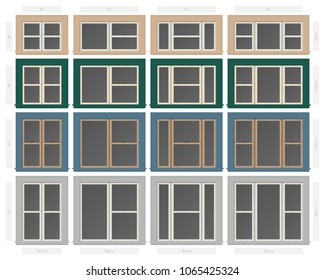 Vector single hung non bar composite window set in different sizes and colors svg