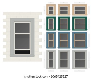 Vector single hung non bar typical window set in different sizes and colors svg
