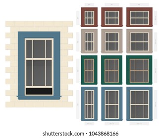 Vector single hung offset style typical window set in different sizes and colors svg