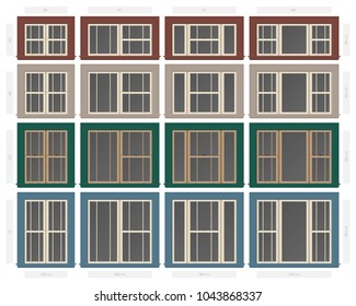 Vector single hung offset style composite window set in different sizes and colors svg