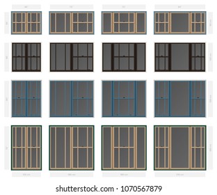 Vector single hung offset style composite window set in different sizes and colors svg