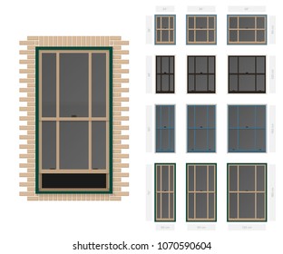 Vector single hung offset style typical window set in different sizes and colors svg