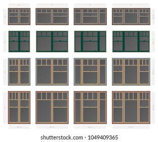Vector single hung plaza style composite window set in different sizes and colors svg
