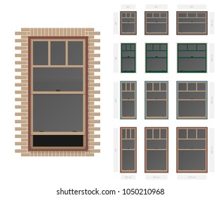 Vector single hung plaza style typical window set in different sizes and colors