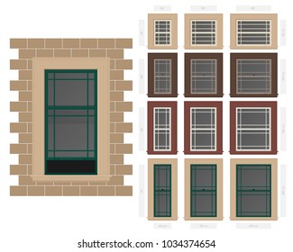 Vector single hung praire style typical window set in different sizes and colors svg