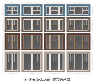 Vector single hung victorian style composite window set in different sizes and colors svg