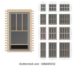 Vector single hung victorian style typical window set in different sizes and colors svg