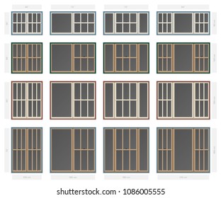 Vector single hung victorian style composite window set in different sizes and colors svg