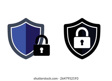 Vector single icon of a padlock over a shield symbol, representing cyber security and protection, flat style