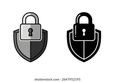 Vector single icon of a padlock over a shield symbol, representing cyber security and protection, flat style