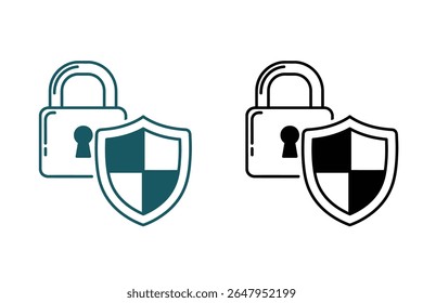 Vector single icon of a padlock over a shield symbol, representing cyber security and protection, flat style