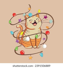 vector single illustration of a cheerful festive cat with Christmas shining garlands