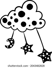 Vector single isolated cloud element with stars on white background for decoration of postcards, clothes, bed linen, posters, notebooks, notebooks, stickers