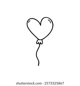 Vector single isolated heart shaped balloon in doodle style.  Black and white simple illustration. Vector stock image isolated on white background. Concept of birthday, party, celebration, new year.  