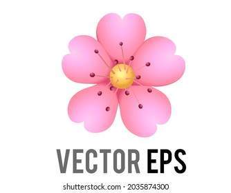 Vector single light pink sakura flower of cherry blossom icon with five petals and red-tipped stamens in yellow center, used for Valentine’s Day, Mother’s Day, other occasions to express love, beauty
