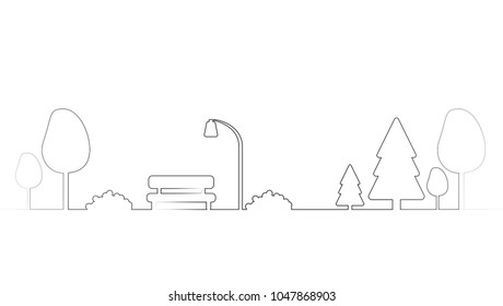 vector single line art of bench under street light in the park with trees. outline nsture illustration