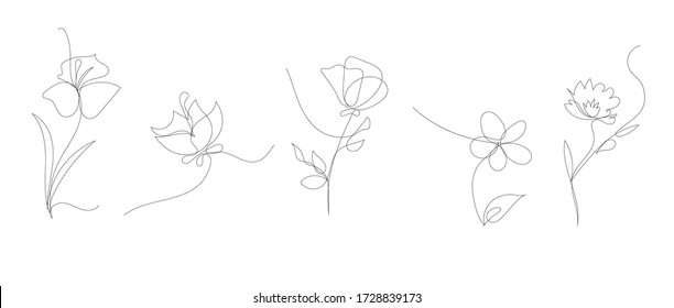 Vector Single Line Art Flowers Set, Simple Illustration