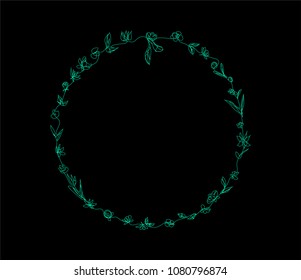 vector single line drawn flower wreath. outline floral frame in circle shape