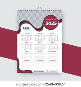 Vector single page colorful business agency wall calendar design template. 2025 Calendar Template Design,. One page wall calendar design for 2025. 