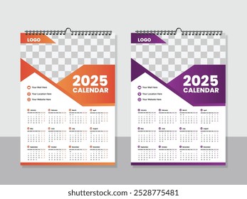 Vector single page colorful wall calendar design template. 2025 Calendar Template Design,. One page wall calendar design for 2025. Wall calendar vector for corporate.