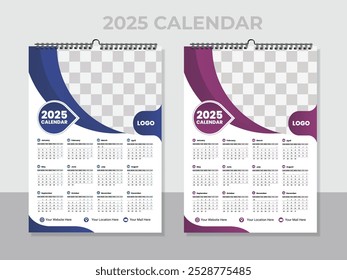 Vector single page colorful wall calendar design template. 2025 Calendar Template Design,. One page wall calendar design for 2025. Wall calendar vector for corporate.