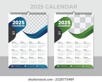 Modelo de design de calendário de parede colorido de página única de vetor. 2025 Calendar Template Design,. Projeto de calendário de parede de uma página para 2025. Vetor de calendário de parede para corporação.