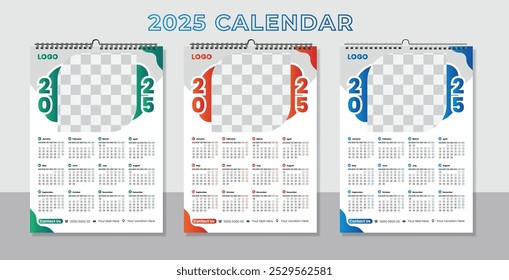 Vector single page colorful wall calendar design template. 2025 Calendar Template Design,. One page wall calendar design for 2025. Wall calendar vector for corporate.